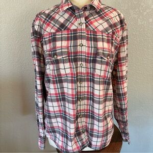 JACHS Girlfriend BEA Flannel Shirt Womens Long Sleeve Roll Tab Plaid Pink Blue